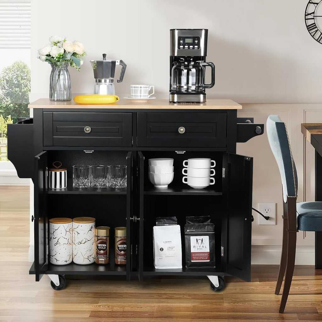 VOWNER 43" W Kitchen Island with Drop Leaf, Rolling Kitchen Island with Drawers, Portable Island Kitchen with Storage, Butcher Block Kitchen Cart with Spice Rack & Towel Rack (Black)