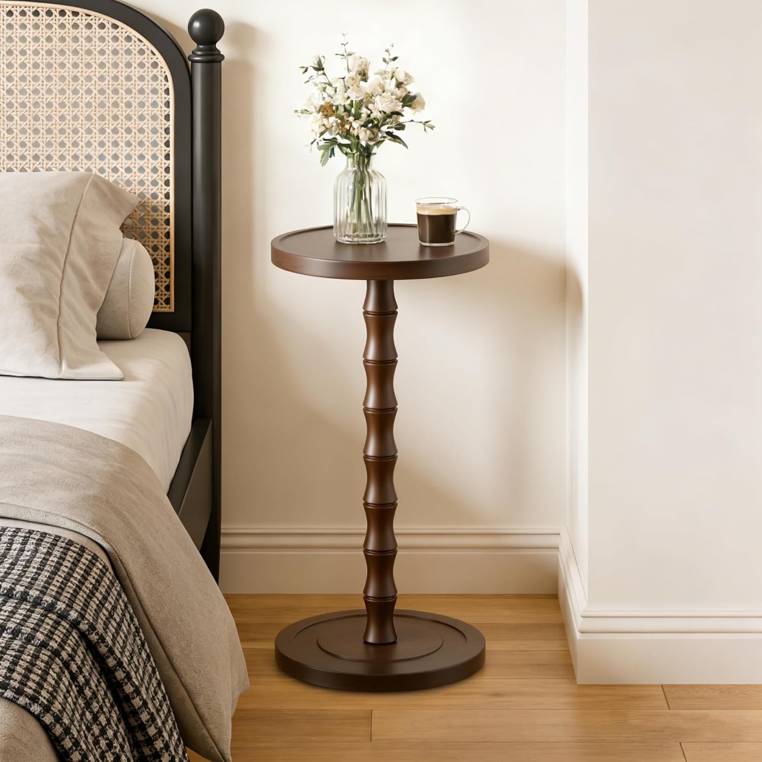 Small Round Side Table, Rubber Wood‌ End Table for Small Spaces, Modern Accent Tables, Solid Wood Drink Tables for Living Room, Bathroom, Bedroom, Couch (Dark Walnut, 11.8 inch)