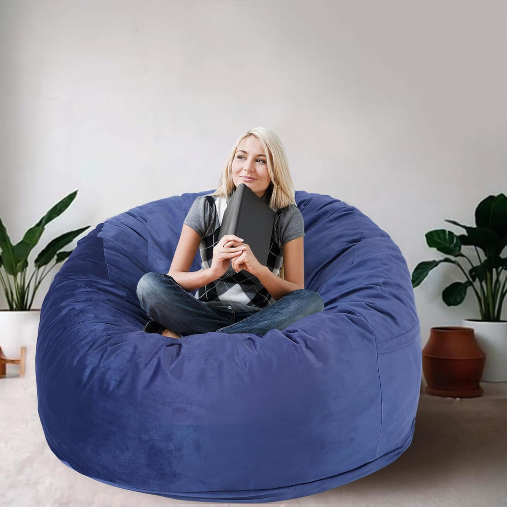 3 Feet Bean Bag Chair, Memory Foam Filled, Removable Cover, Bean Bag Chairs for Adults and Teens, Round Sofa Chair for Living Room, Bedroom and Gaming Room, Blue