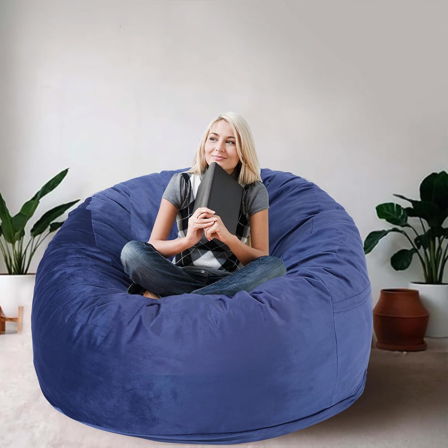 3 Feet Bean Bag Chair, Memory Foam Filled, Removable Cover, Bean Bag Chairs for Adults and Teens, Round Sofa Chair for Living Room, Bedroom and Gaming Room, Blue