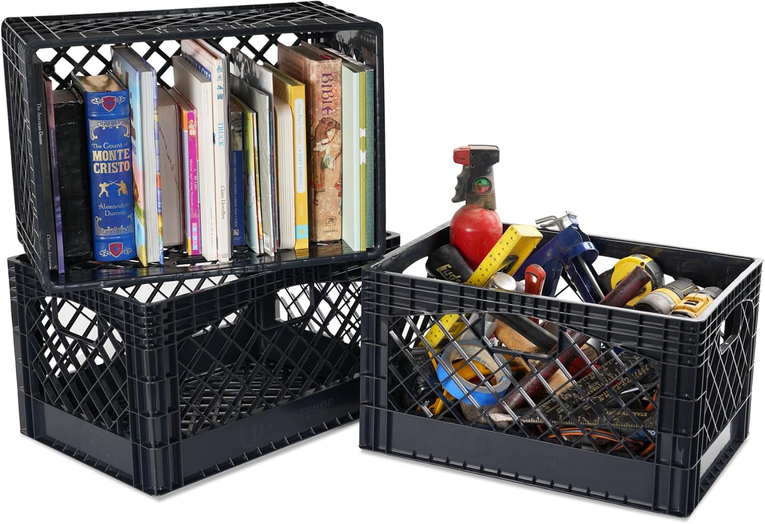 Stackable Milk Crates, 3 Pack, Kitchen Work Commercial Garage Totes, 24 Quart, Heavy Duty Plastic, Black, 19" L x 13" W 11" H