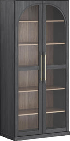 BELLEZE 67" Tall Glass Display Cabinet, Modern Wood Curio Cabinet Bookcase with Adjustable Storage Shelves, 6-Tier Trophy Showcase Display for Living Room - Ebony