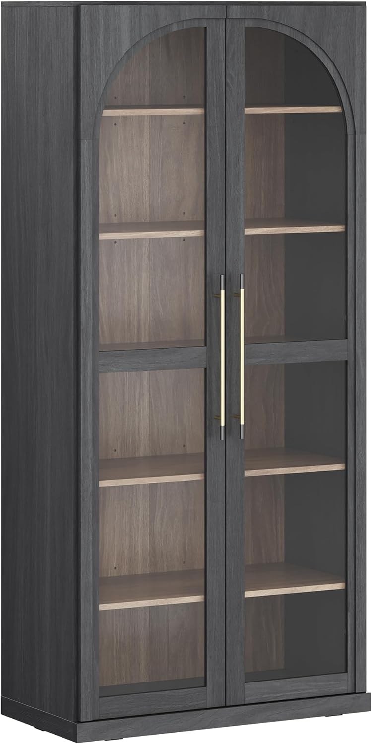BELLEZE 67" Tall Glass Display Cabinet, Modern Wood Curio Cabinet Bookcase with Adjustable Storage Shelves, 6-Tier Trophy Showcase Display for Living Room - Ebony