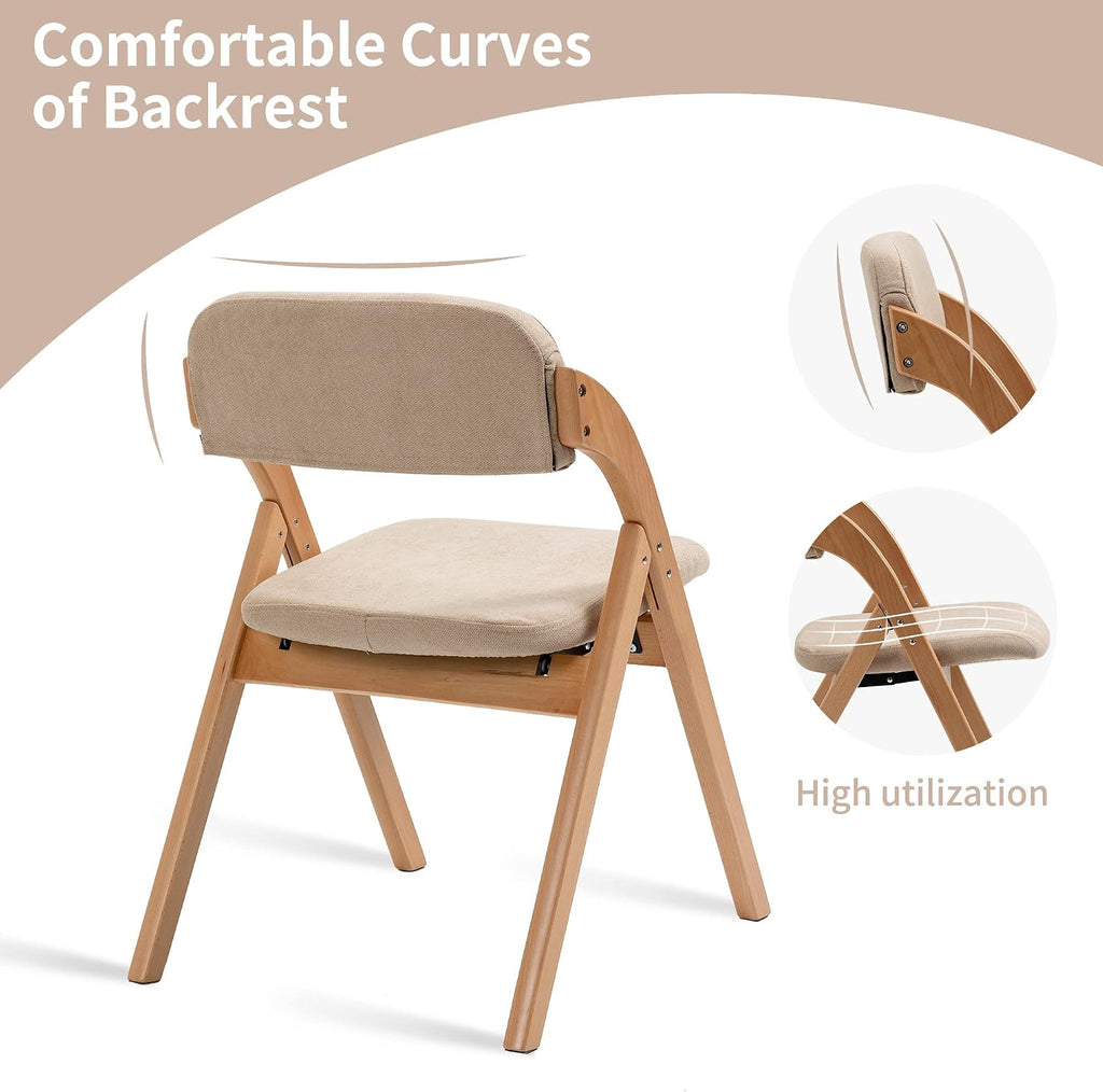 HOMEFUN Folding Chairs with Padded Seats, Wooden Stackable Dining Chair Set of 2 with Removable Cover Extra for Guests Kitchen Office Wedding Party Picnic, Khaki