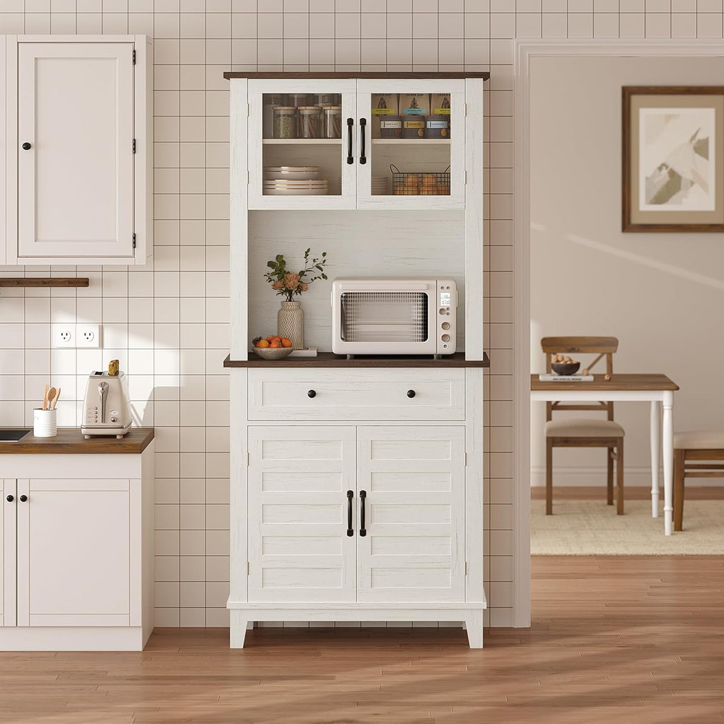 CABIHOME 72 Inch Tall Wine Rack Pantry Cabinet, 31.5×15.75×72.2 Inches PB+MDF+Glass, Freestanding Kitchen Storage Cabinet with Adjustable Shelves & Glass Doors for Living Room & Kitchen