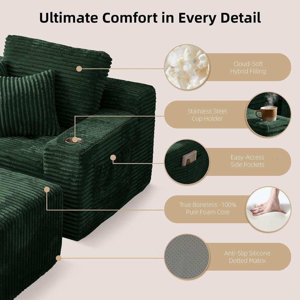 66’’ Oversized Chaise Lounge Chair Indoor, Deep Seat Corduroy Reading Chair Snuggler with Ottoman, Boneless Floor Couch with Cup Holders & Side Pockets, Floor Sleeper Sofa for Home,Dark Green