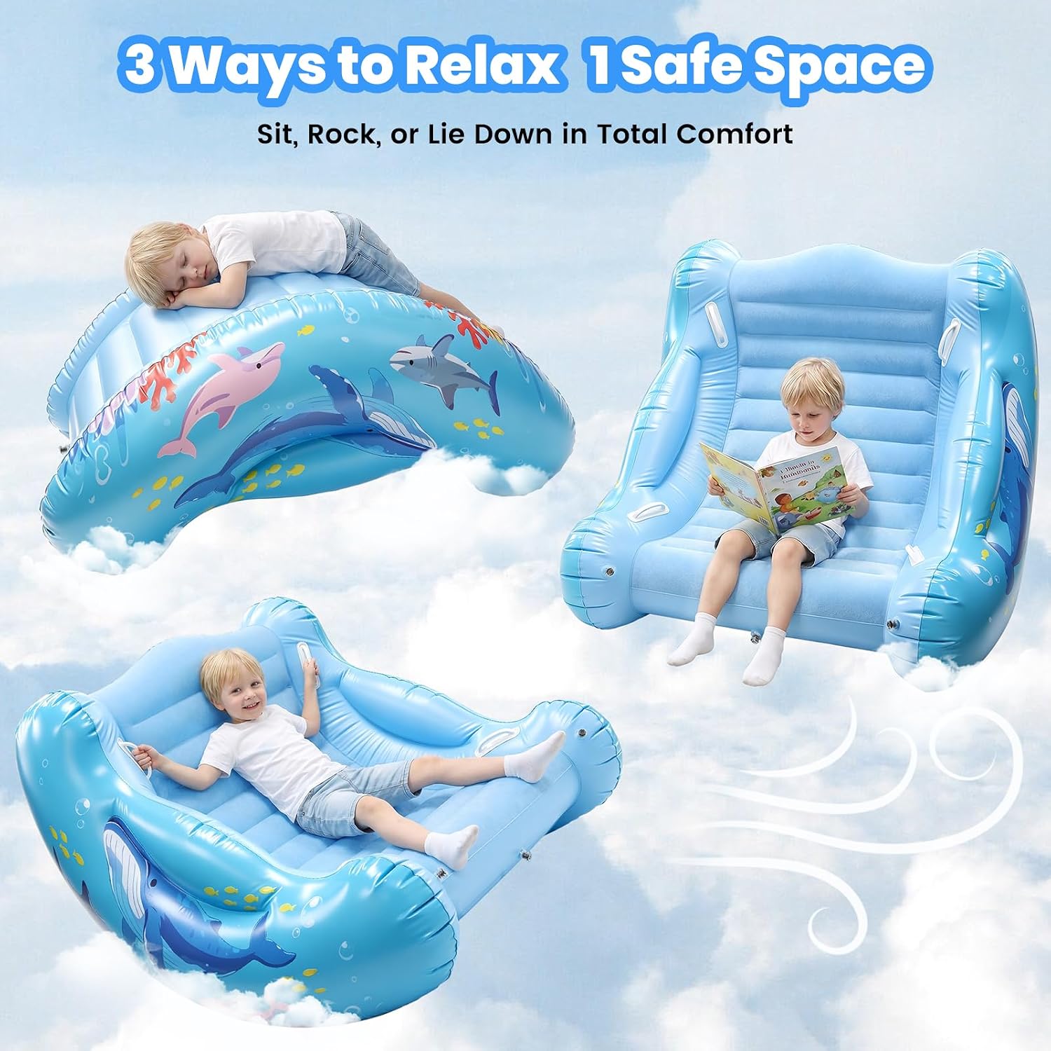 Sensory Chair for Kids, Inflatable Rocking Chair for Autism & ADHD, Cloud Rocker for Deep Pressure Therapy, Sensory Room Equipment for Toddlers Boys & Girls (Sea)