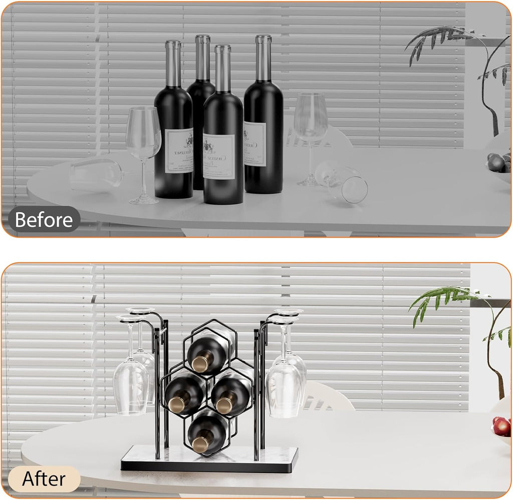 Countertop Wine Rack,Freestanding Modern Metal Small Wine Rack for 4 Wine Bottles and 4 Glasses,3 Tier Tabletop Wine Holder Stand for Cabinet, Pantry, Wine Bottle Storage