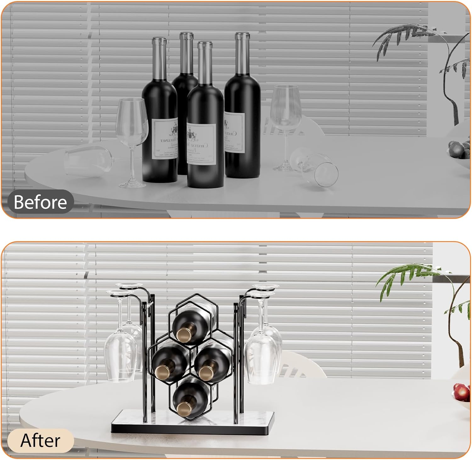 Countertop Wine Rack,Freestanding Modern Metal Small Wine Rack for 4 Wine Bottles and 4 Glasses,3 Tier Tabletop Wine Holder Stand for Cabinet, Pantry, Wine Bottle Storage