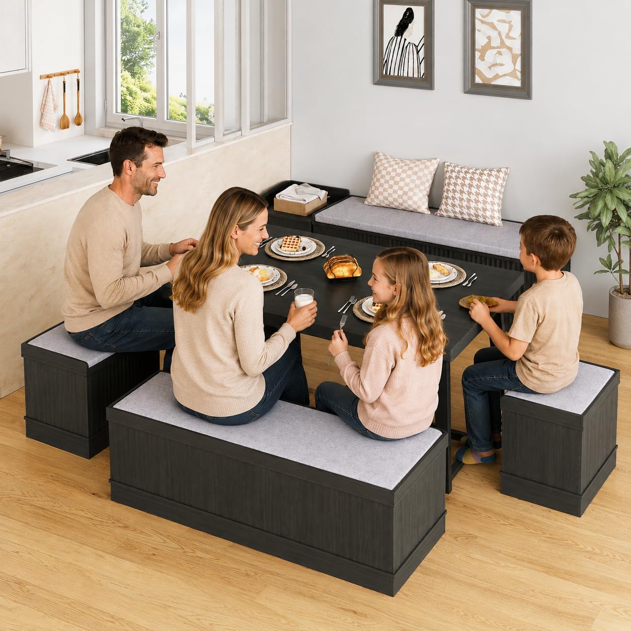 XIAO WEI Corner Dining Table Set, 6-Piece Breakfast Nook Dining Set with Storage Bench and Stools, 47" Banquette Seating for Small Space, Apartment Kitchen & Dining Room, Espresso Brown Wood