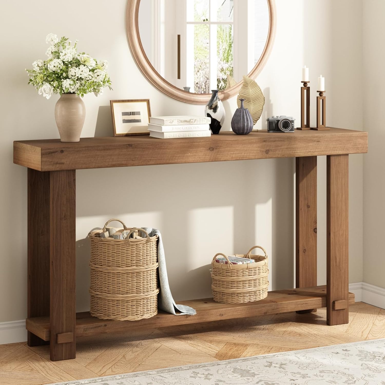 Solid Wood Console Table, 55.1" Long Farmhouse Entryway Tables Thickened Tabletop and Legs Rustic Narrow Behind Couch Skinny Sofa Table for Living Room, Hallway, Entry