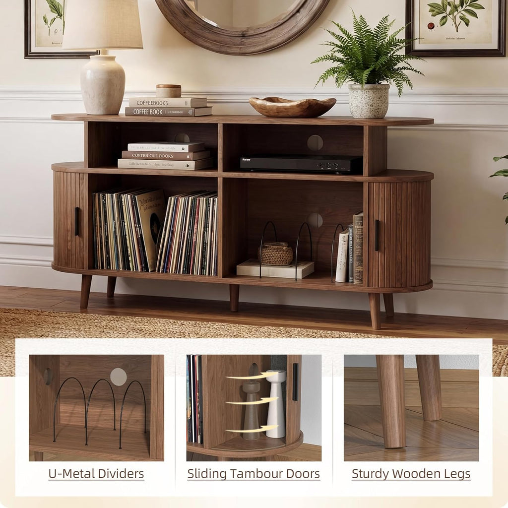 55-Inch Large Vinyl Record Rack with Charging Station, Mid-Century Walnut Record Storage Shelf, Open-Shelf Design with 3 Compartments, Vinyl Album Organizer for the Bedroom or Living Room