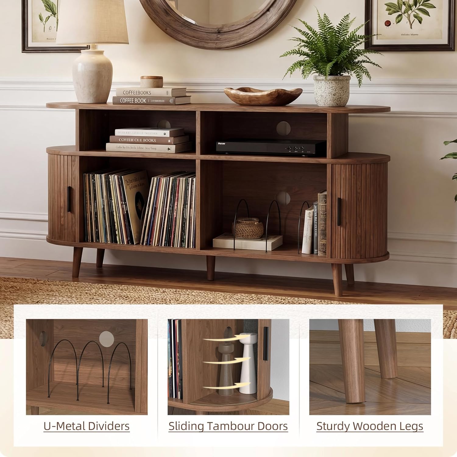 55-Inch Large Vinyl Record Rack with Charging Station, Mid-Century Walnut Record Storage Shelf, Open-Shelf Design with 3 Compartments, Vinyl Album Organizer for the Bedroom or Living Room