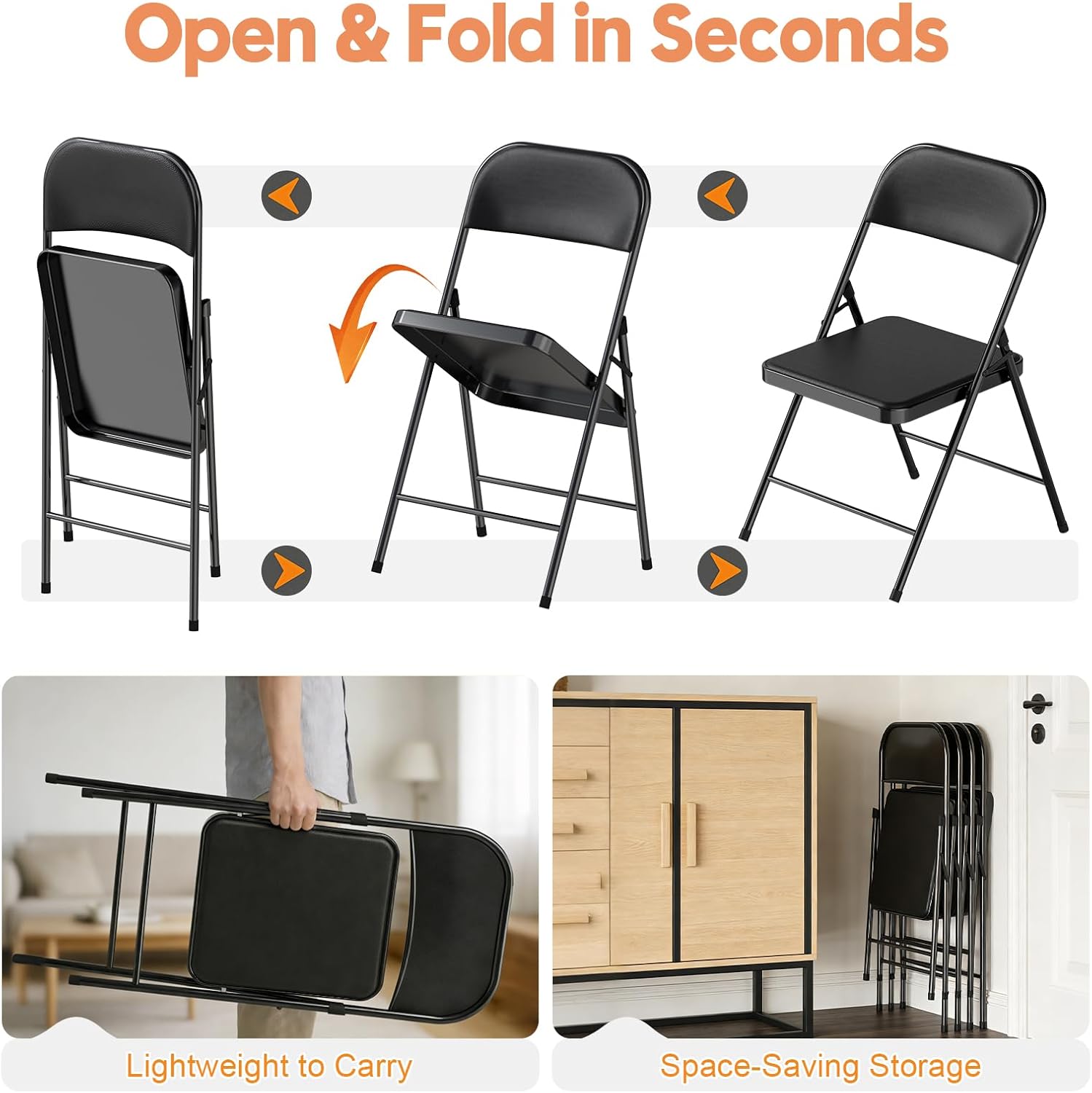 4 Pack Black Folding Chairs with Padded Cushion & Backrest, Comfortable Cushioned Seat with Durable Metal Frame, Portable Stackable Foldable Chair for Home, Office, Party, Indoor & Outdoor Events