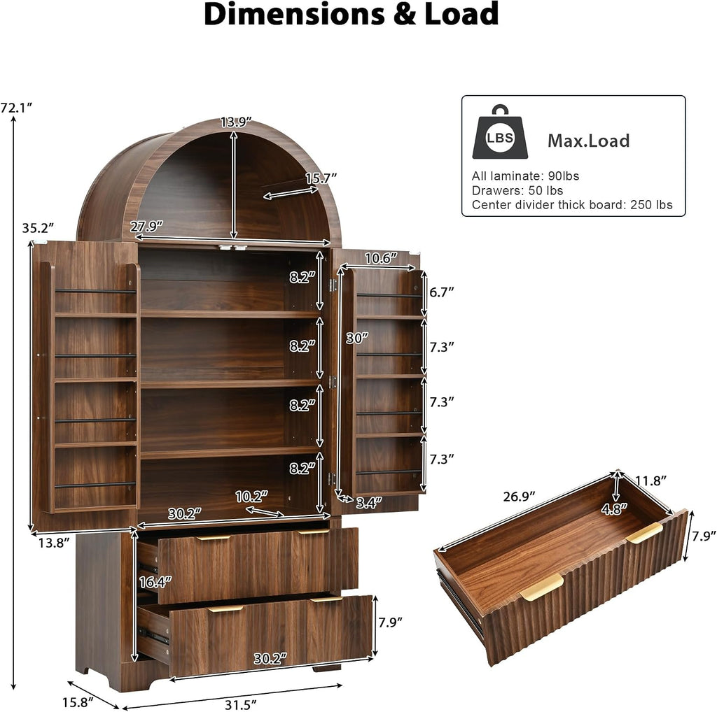 Merax 72" Tall Arched Kitchen Pantry Cabinet with 2 Drawers, Mid Century Modern Fluted Storage Cabinet with 3 Adjustable Shelves & 8 Door Shelves, Wooden Cupboard Organizer for Kitchens (Walnut)