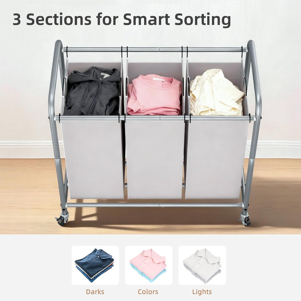 STORAGE MANIAC 3 Section Laundry Sorter, 35.6 Gal (135 L) Laundry Hamper Cart with Heavy Duty Rolling Lockable Wheels and Removable Bags, Clothes Organizer Basket Clothes Separator Hamper, Gray