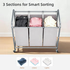 STORAGE MANIAC 3 Section Laundry Sorter, 35.6 Gal (135 L) Laundry Hamper Cart with Heavy Duty Rolling Lockable Wheels and Removable Bags, Clothes Organizer Basket Clothes Separator Hamper, Gray