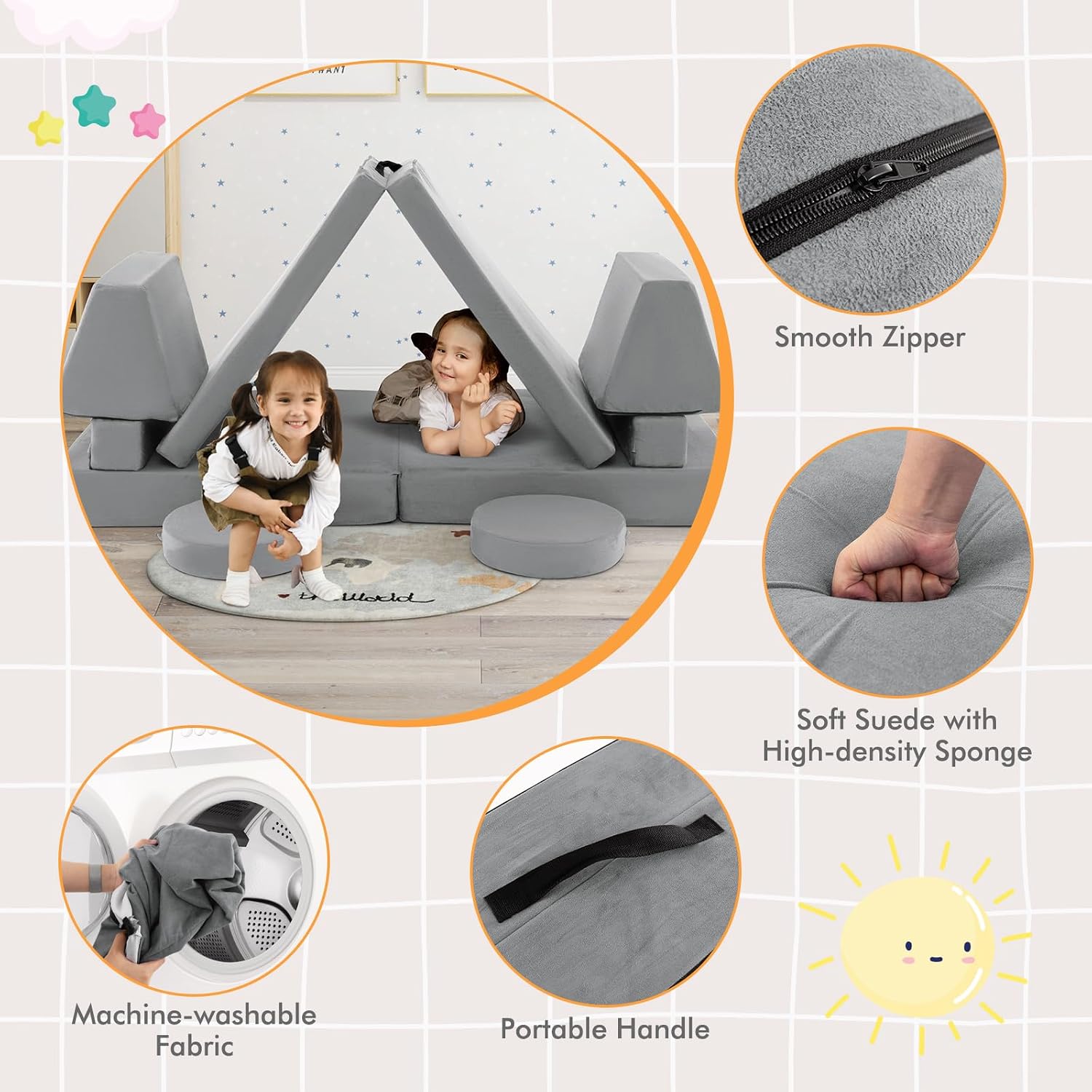 Costzon Kids Play Couch Sofa, Large Modular Folding Sofa Building Fort Playset with Handle, Machine-Washable Cover, Convertible Foam Cushion for Playroom Bedroom Boys Girls Gifts (10-Piece, Gray)