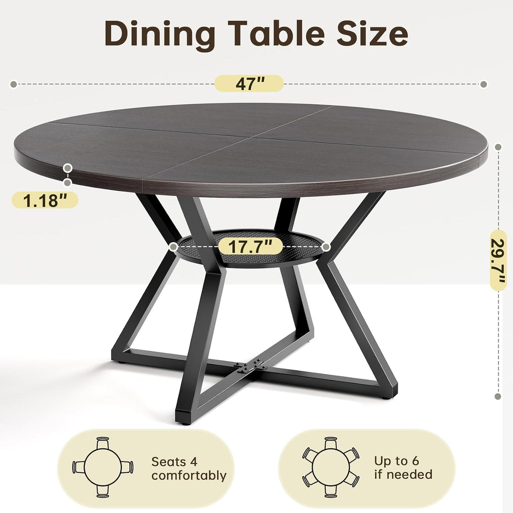 Concho 47" Round Kitchen Dining Room Table for 4-6 Circle Dining Dinner Table with Pedestal Metal Frame,Space Saving Wood Kitchen & Dining Room Furniture, Deep Grey