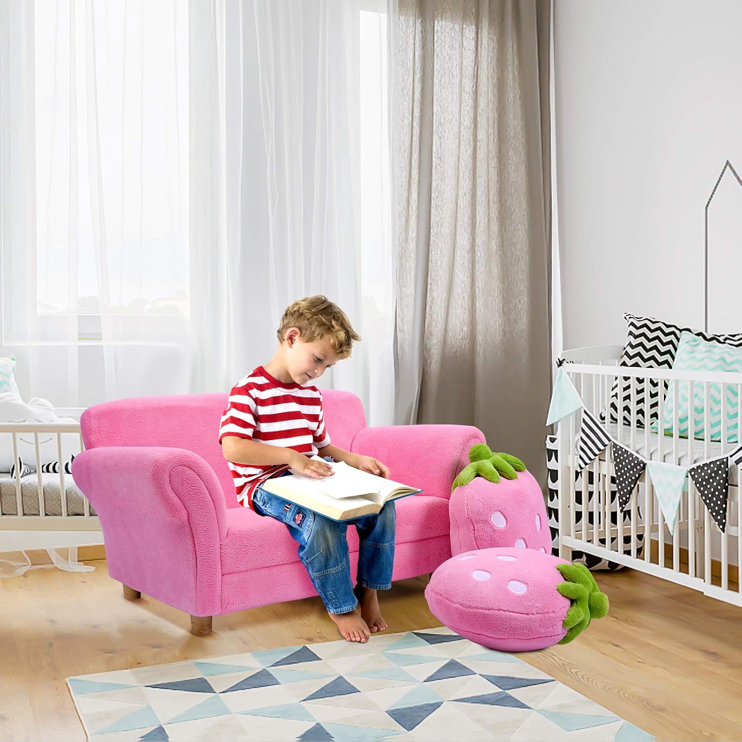 Fireflowery Kids Sofa, Children Upholstered Loveseat Lounge Bed w/ 2 Cute Strawberry Pillows, Children Couch Armrest, Double Seat Kid Sofa for Playroom Bedroom Living Room Baby Room, Pink