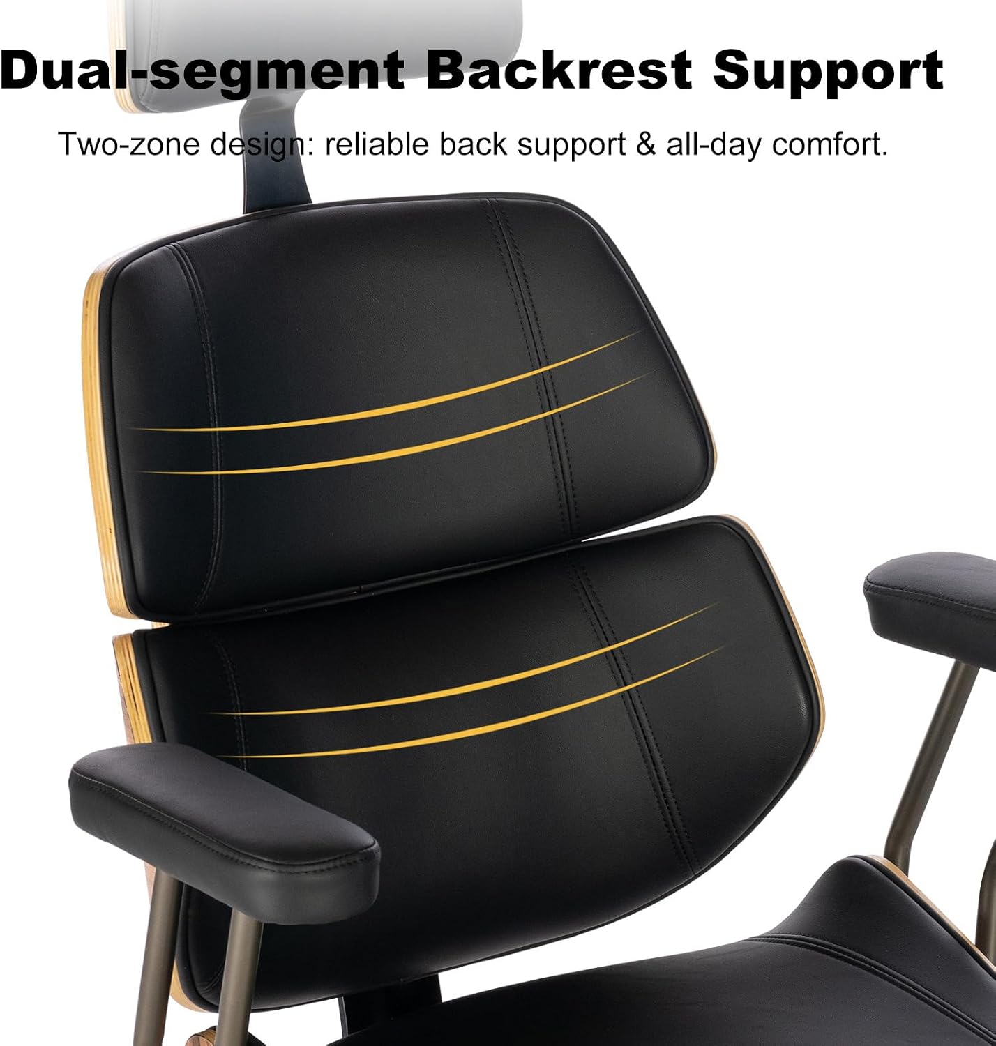 Home Office Desk Chair, High Back Chair with Headrest and Armrests, Modern Curved Walnut Wood Back and Seat, Ergonomic PU Leather Executive Swivel Rolling Chair for Home Office, Study(Black)