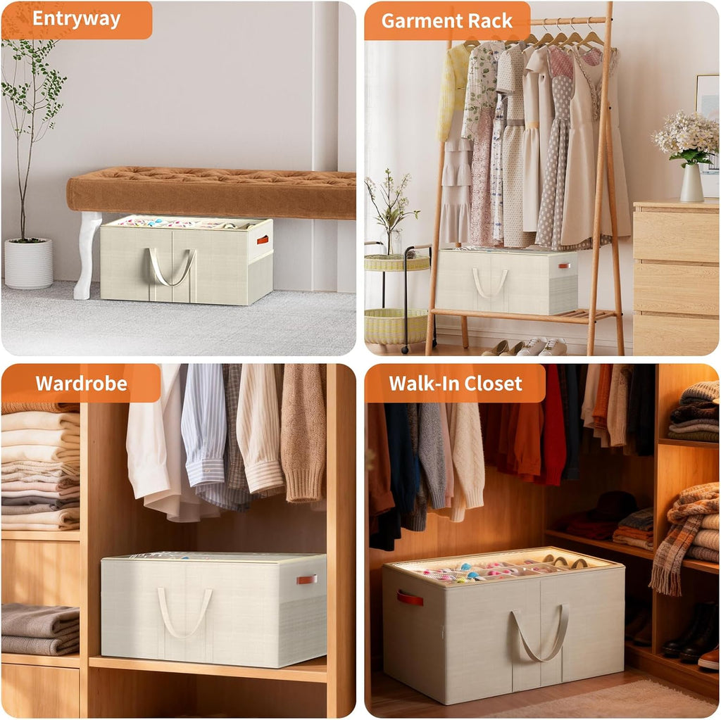 Aokeyee 2 Pack Shoe Organizer for Closet, Large Shoe Storage Box Fits up to 48 Pairs, Space Saving Foldable Shoes Organizer Bin w/Clear Cover and 4 Reinforced Handles, Beige