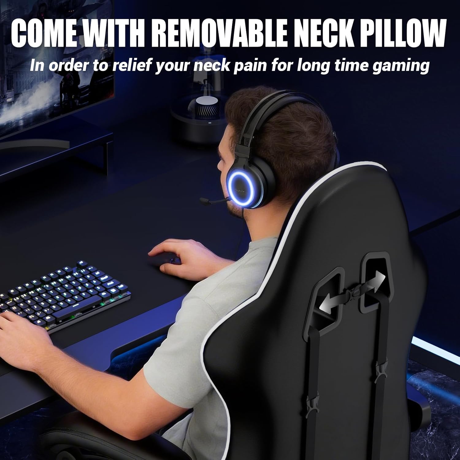 Czlolo Gaming Chair with Footrest, Lumbar Support Massager Video Game Chair with Metal Legs, High Back Reclining Gamer Chair with Headrest, 360° Swivel Office Computer Desk Chair (Snow White)