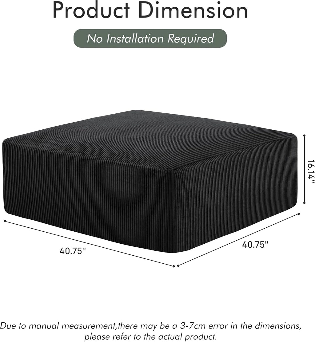 Gericco 113" Modular Sectional Couch, Cloud Boneless Sofa with Deep Seats, Upholstered Corduroy Square Stuffed Ottoman Pouf, 40 * 40 Inch Furry & Fluffy Movable Foot Stool for Living Room, Black