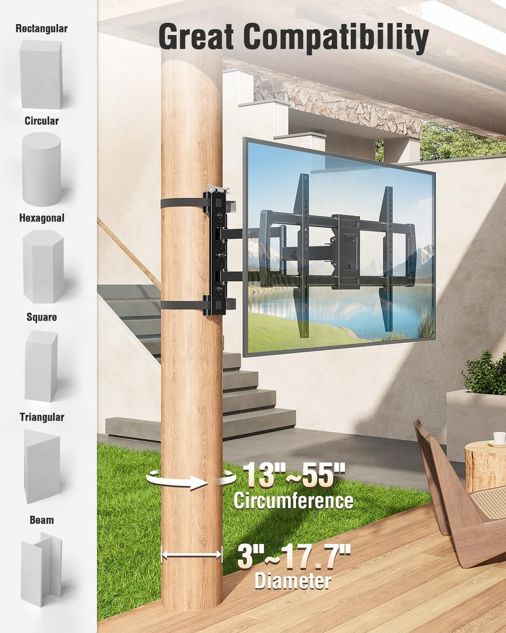ELIVED Pillar TV Mount for Most 32"-75" TVs, Column TV Mount for Gazebo Patio Pergola, No Drill Full Motion tv Bracket Swivel and Tilt, Fits Multi-Shaped Poles, Max VESA 600x400mm, 88 Lbs.