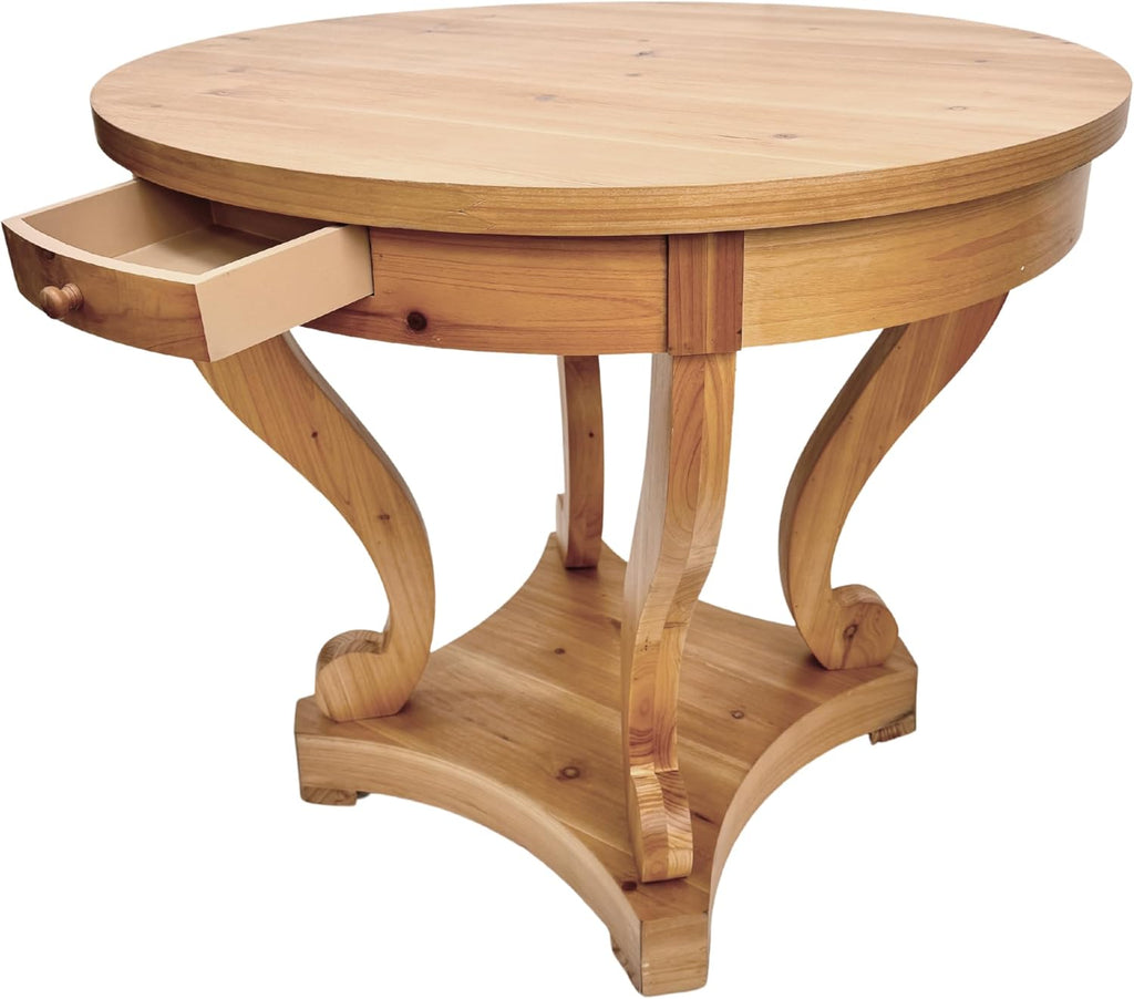 Curved Legs Farmhouse Style Round Dining Table with Storage Drawers - Natural Wood Finish, Multi-Functional End Table/Coffee Table for Small Spaces, Kitchen, Living Room, or Dinerette