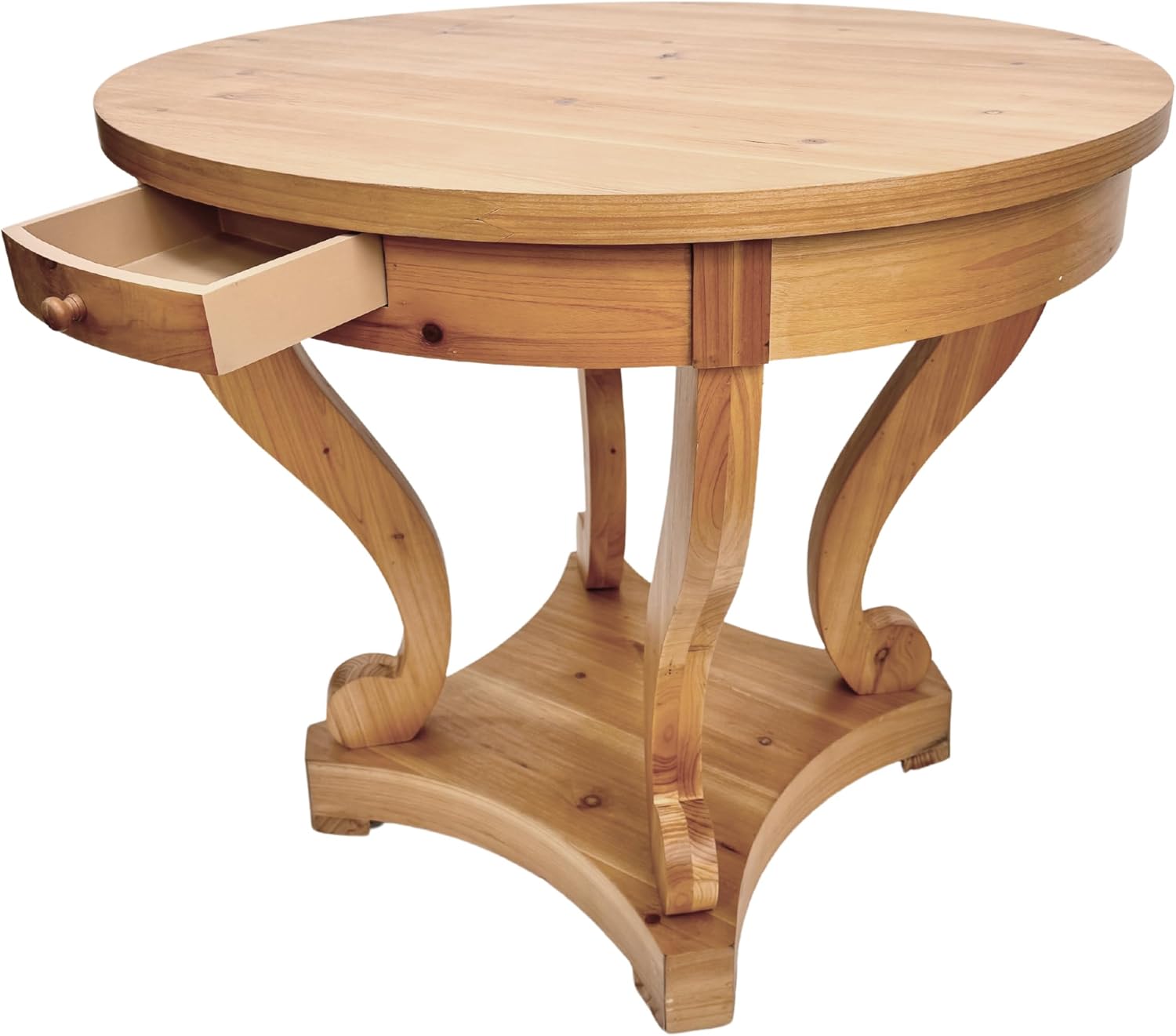 Curved Legs Farmhouse Style Round Dining Table with Storage Drawers - Natural Wood Finish, Multi-Functional End Table/Coffee Table for Small Spaces, Kitchen, Living Room, or Dinerette