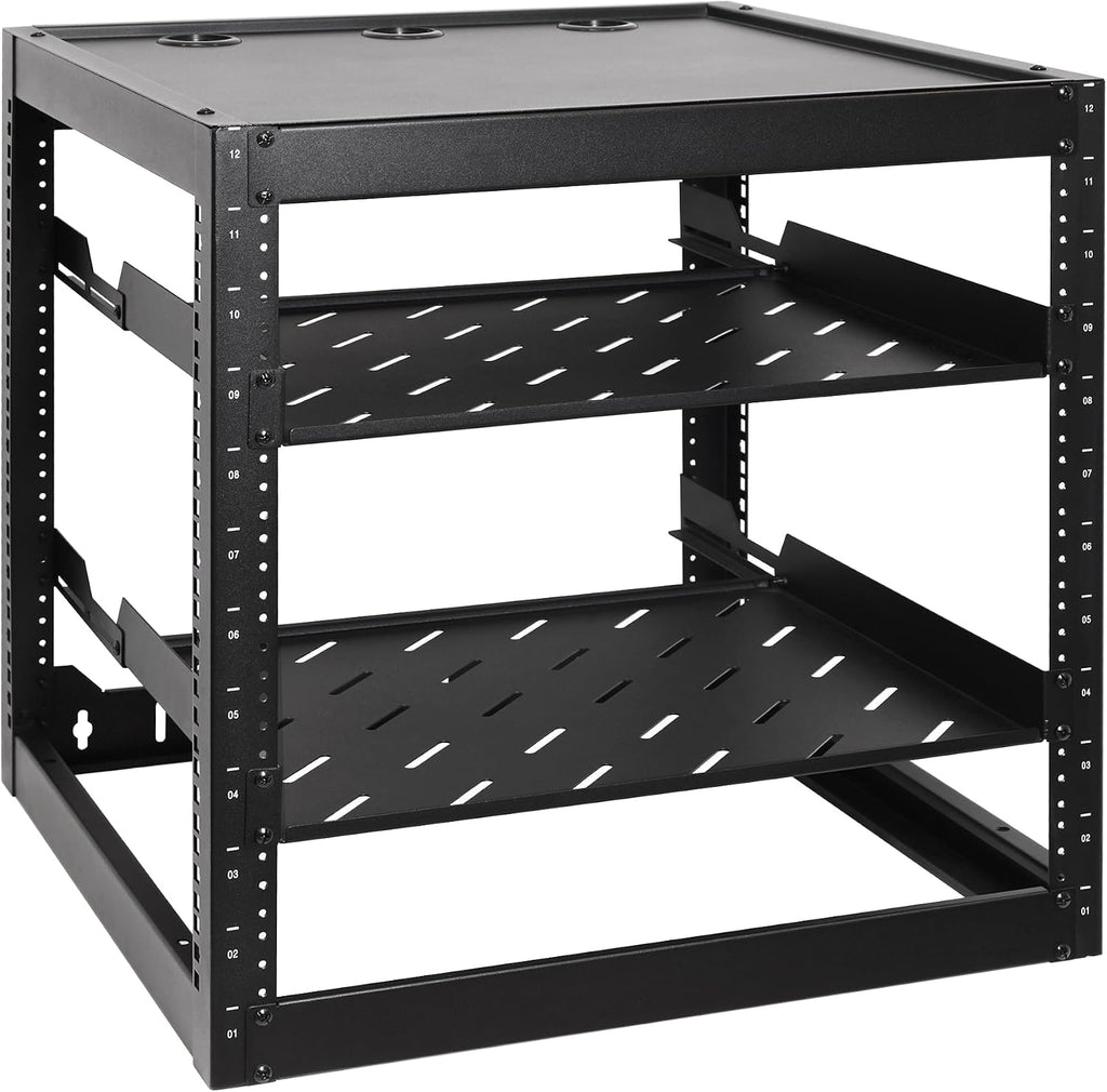 RackPath 12U Open Frame Network Rack with 2X 14in Vented 1U Shelves Rear Support, Wall Mount/Floor Standing Network Cabinet, Heavy Duty 150 lbs Capacity for IT & AV Gear, Audio and Video Device