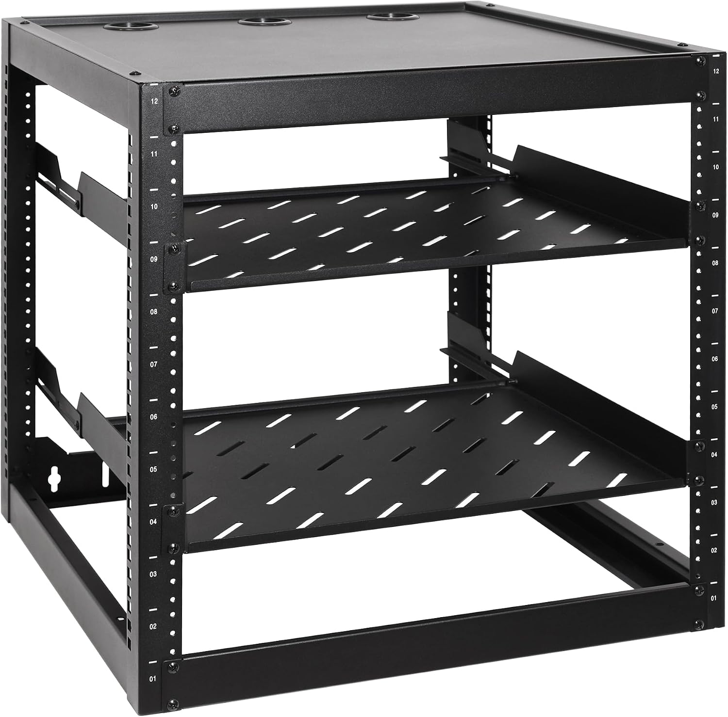 RackPath 12U Open Frame Network Rack with 2X 14in Vented 1U Shelves Rear Support, Wall Mount/Floor Standing Network Cabinet, Heavy Duty 150 lbs Capacity for IT & AV Gear, Audio and Video Device