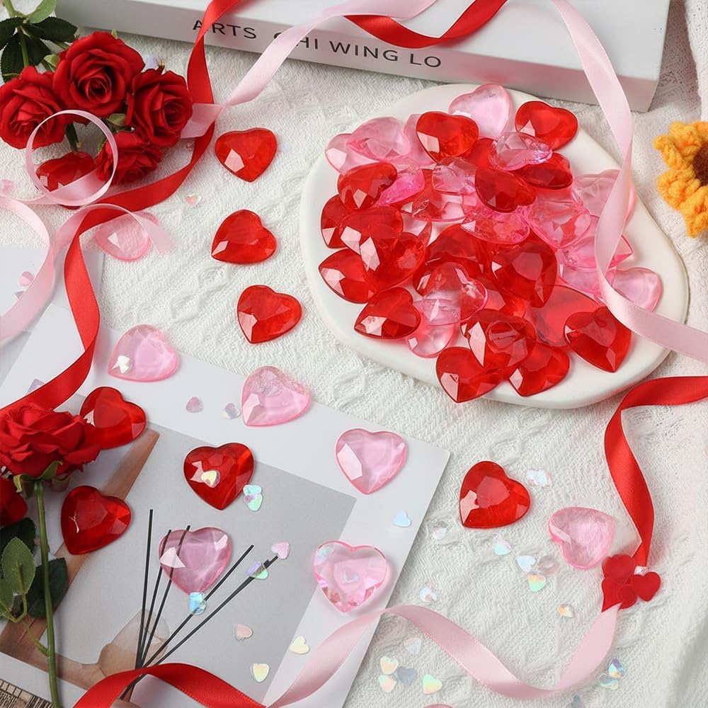 Valentines Day Acrylic Heart 120 Pcs Red and Pink Hearts Shaped Gems Crystals for Table Decoration, Valentine Hearts Vase Filler for DIY Crafts, Valentine's Day Wedding Table Scatter Decoration