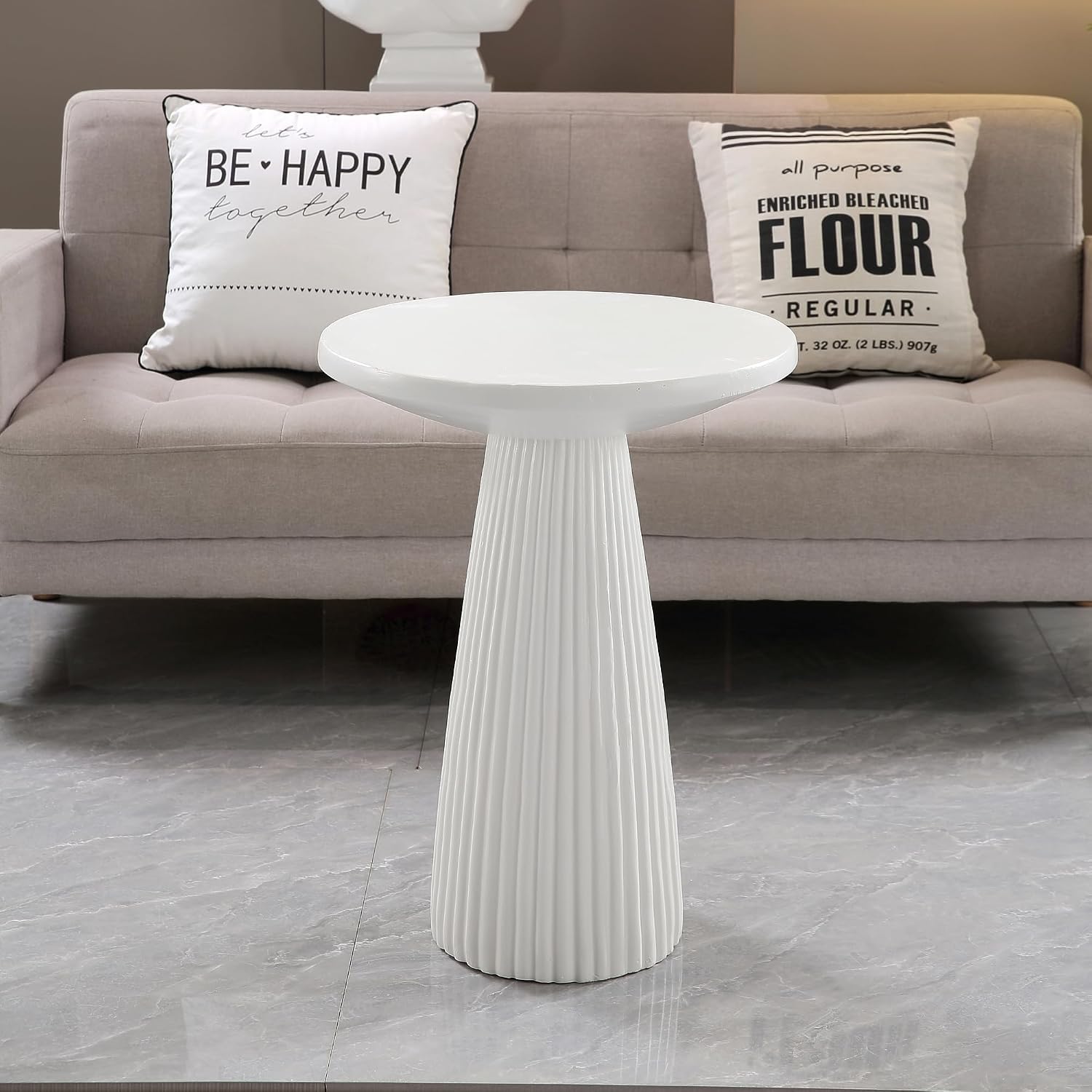 KEIKI Magnesium Oxide Fluted Base Side Table, 19.69" Round End Table for Indoors, Outdoors, Mid-Century Modern Side Table, Circle Fluted End Table for Living Room Patio, Ivory White