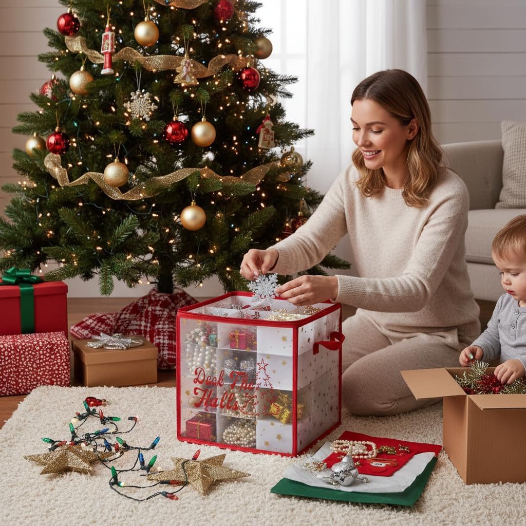 Plastic Christmas Ornament Storage Box with Zippered Closure - Store up to 64 of the 3-inch Standard Christmas Ornaments, Xmas Ornaments Storage with Dividers & Two Handles
