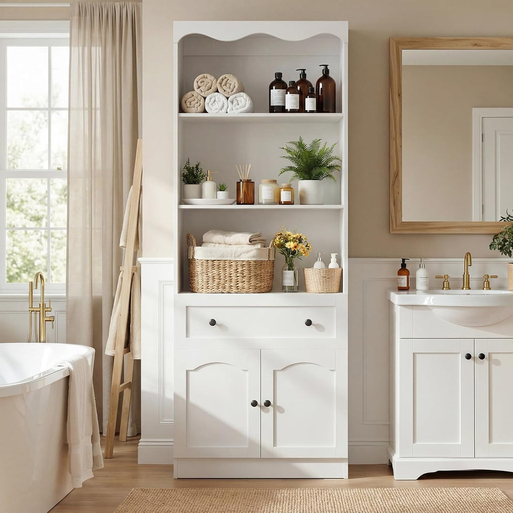 Cyclysio 80" Tall Pantry Cabinet with 3-Tier Open Shelves, White Kitchen Pantry Storage Cabinet with Drawer, Kitchen Organizer with Built-in Baseboard Notch for Kitchen, Living Room, Bathroom