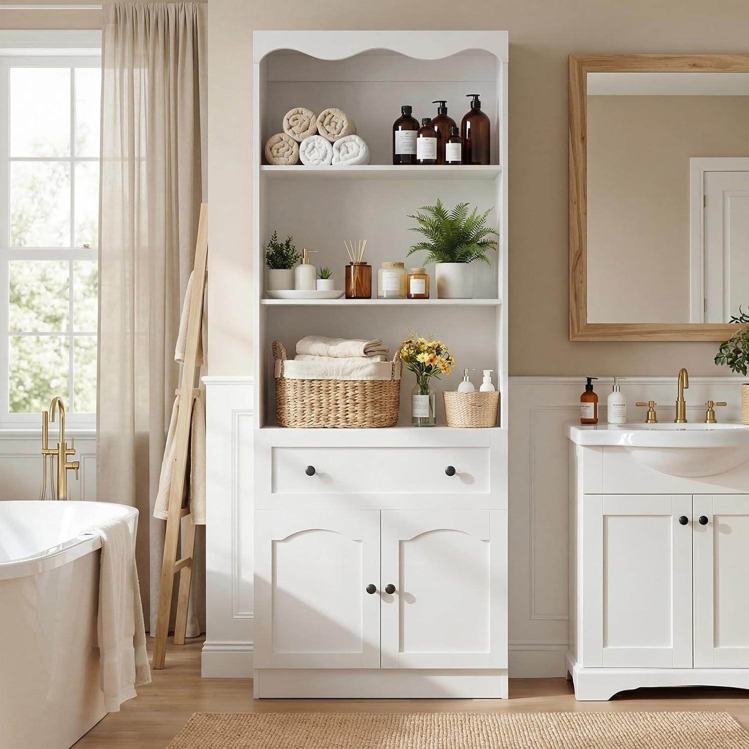 Cyclysio 80" Tall Pantry Cabinet with 3-Tier Open Shelves, White Kitchen Pantry Storage Cabinet with Drawer, Kitchen Organizer with Built-in Baseboard Notch for Kitchen, Living Room, Bathroom