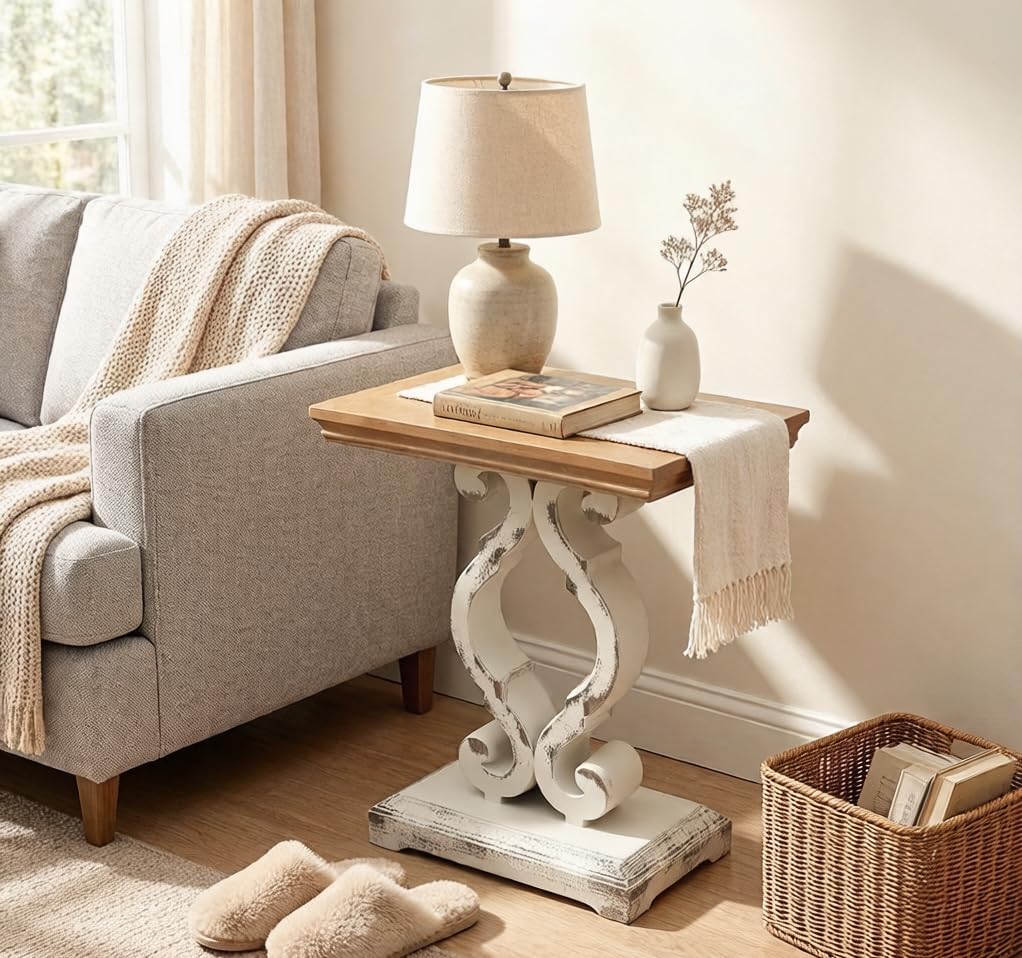 TwinLakes Farmhouse Side Table | Distressed White French Country End Table with Hand-Carved Legs & Solid Wood Top, Accent Table for Living Room