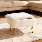 Small Foot Stool with Storage & Gold Metal Legs, Small Ottoman Foot Rest Under Desk for Couch, Chair, White Furry with High-Density Resilient Sponge