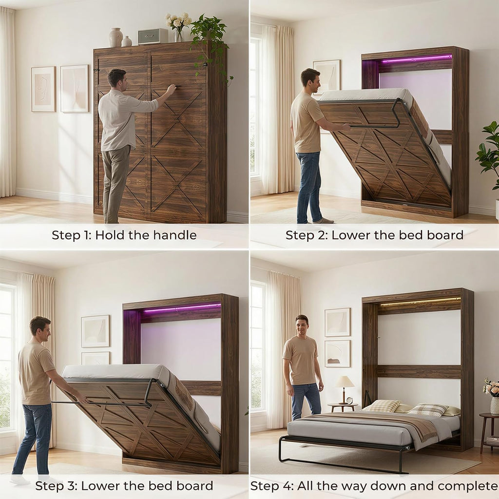 Mjkone Cabinet Beds Queen Size, Hidden Murphy Wall Bed, 64.6" W Queen Murphy Cabinet Chest Beds with 16 Colors of LED Lights, Space-Saving Design Guest Bed for Apartment, Offices, Small Space, Brown