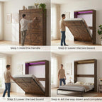 Mjkone Cabinet Beds Queen Size, Hidden Murphy Wall Bed, 64.6" W Queen Murphy Cabinet Chest Beds with 16 Colors of LED Lights, Space-Saving Design Guest Bed for Apartment, Offices, Small Space, Brown