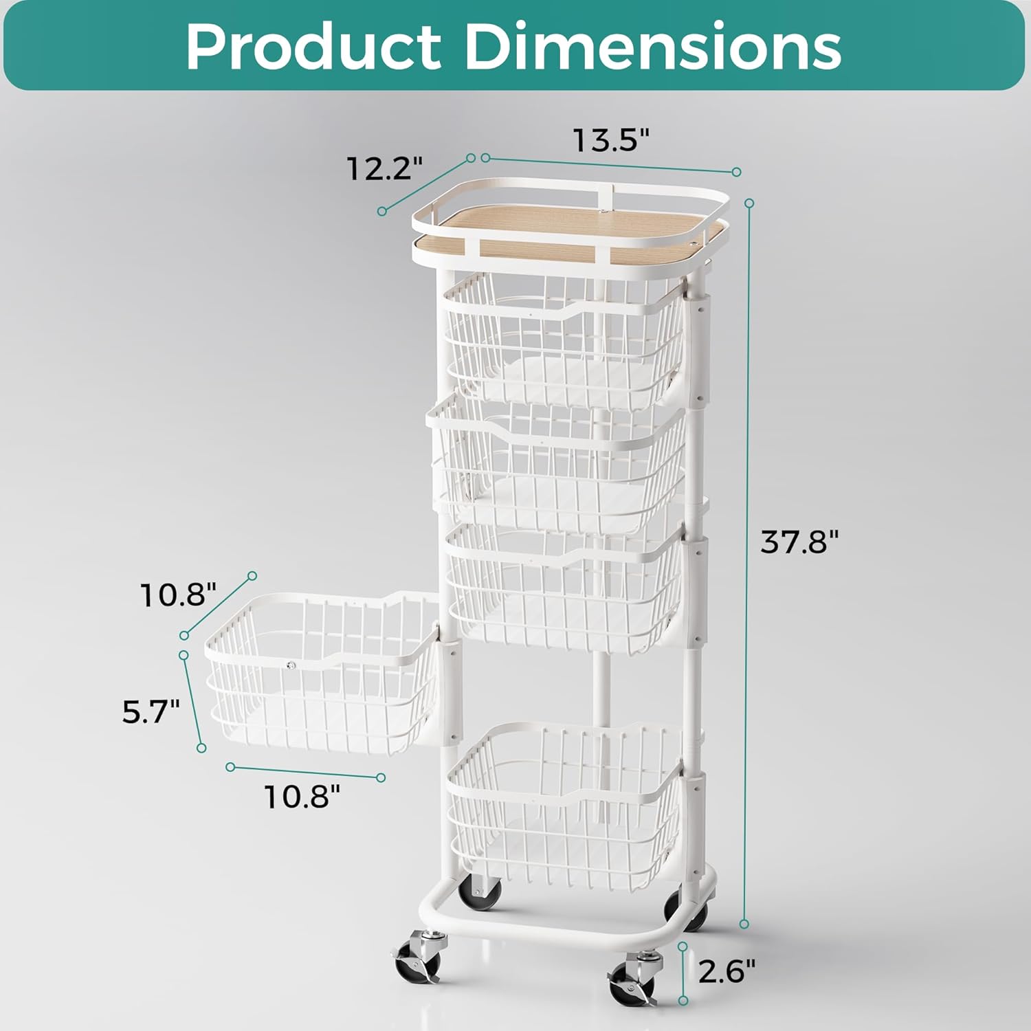 5 Tier Kitchen Fruit Vegetable Storage Cart with Rotating Basket, Rolling Rack Shelf Organizer Floor Stand on Wheel for Snack Spice Produce Veggie Onion Potato Bin, Vianderos Para Cocina, White