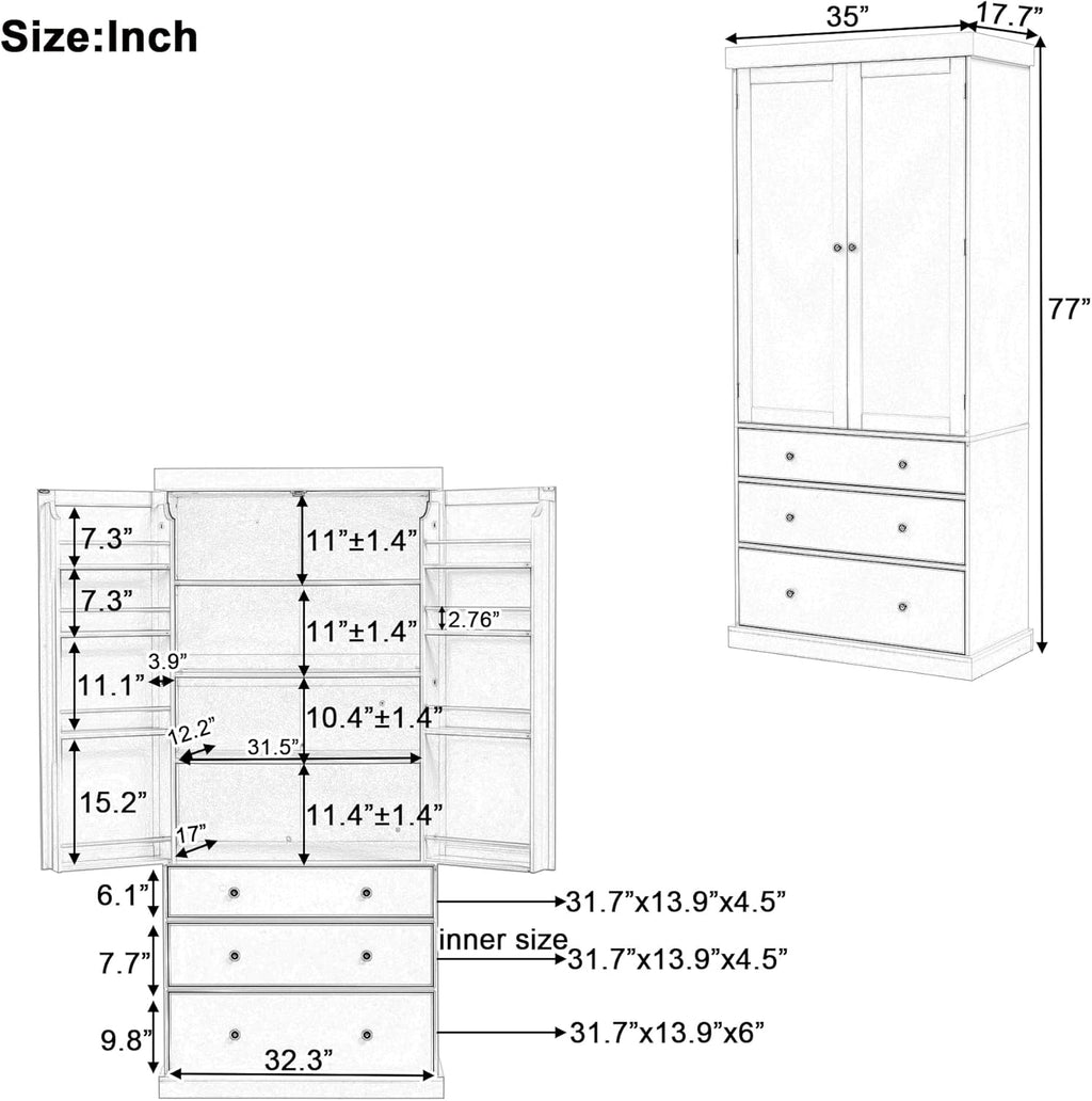 77" Farmhouse Kitchen Pantry Cabinet with Adjustable Shelves, 8 Door Racks & 3 Drawers - Freestanding Storage Cabinet for Kitchen/Dining Room (Green)