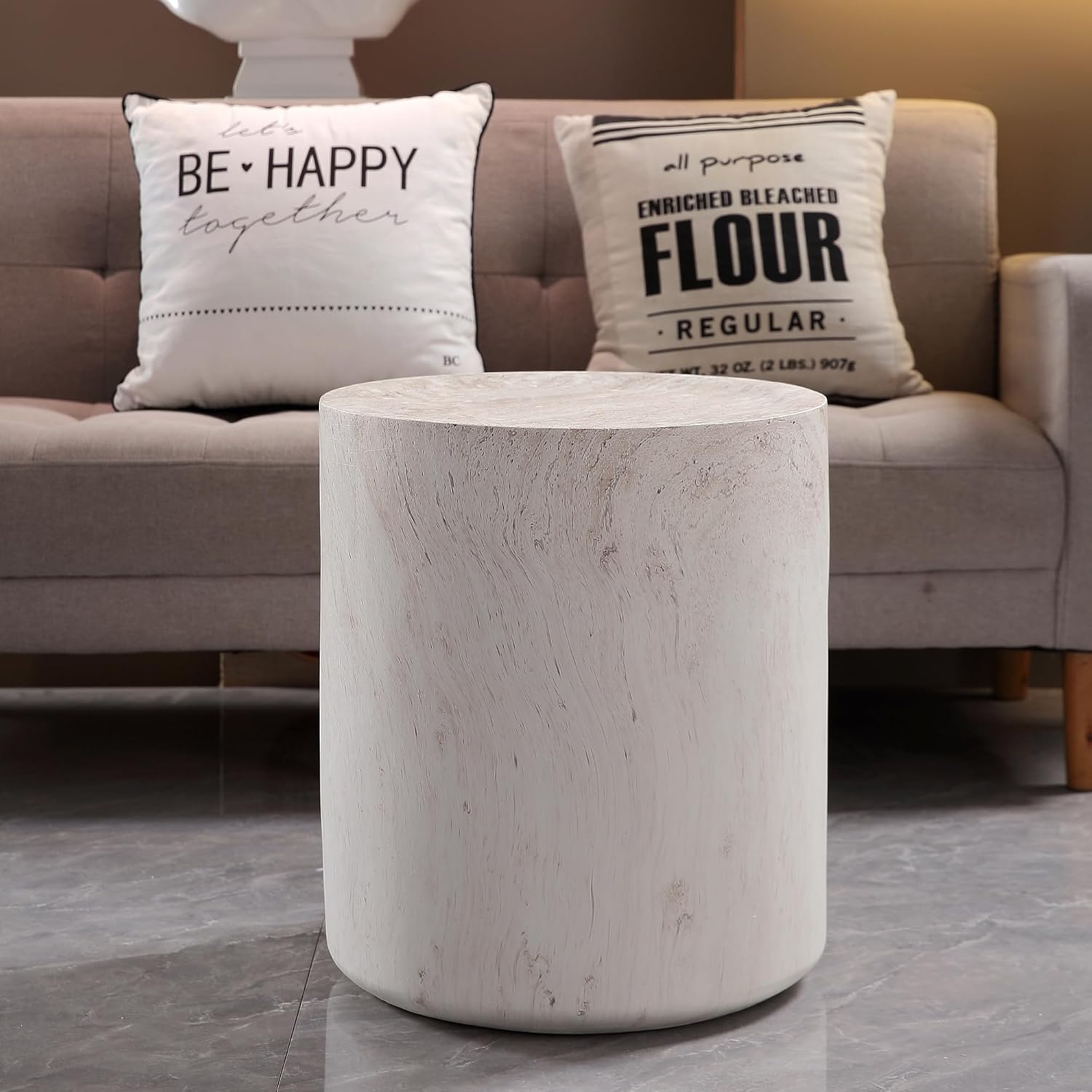Light Travertine Finish Round Magnesium Oxide Side Table, 15.75 Inch Diameter Drum End Table, Sturdy Waterproof Accent Table for Living Room, Bedroom, Balcony