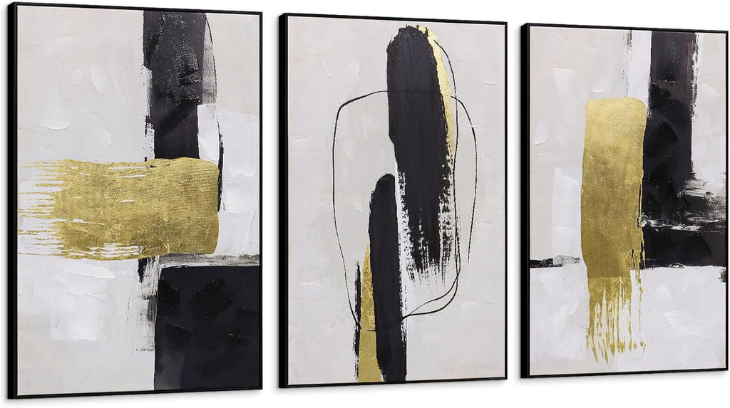 Abstract Neutral Textured Framed Canvas Wall Art Set of 3, Minimalist Wall Decor Modern Art Prints, Black Gold Wall Painting Artwork for Living Room,Bedroom,Dining Room,Office, 16"x24"