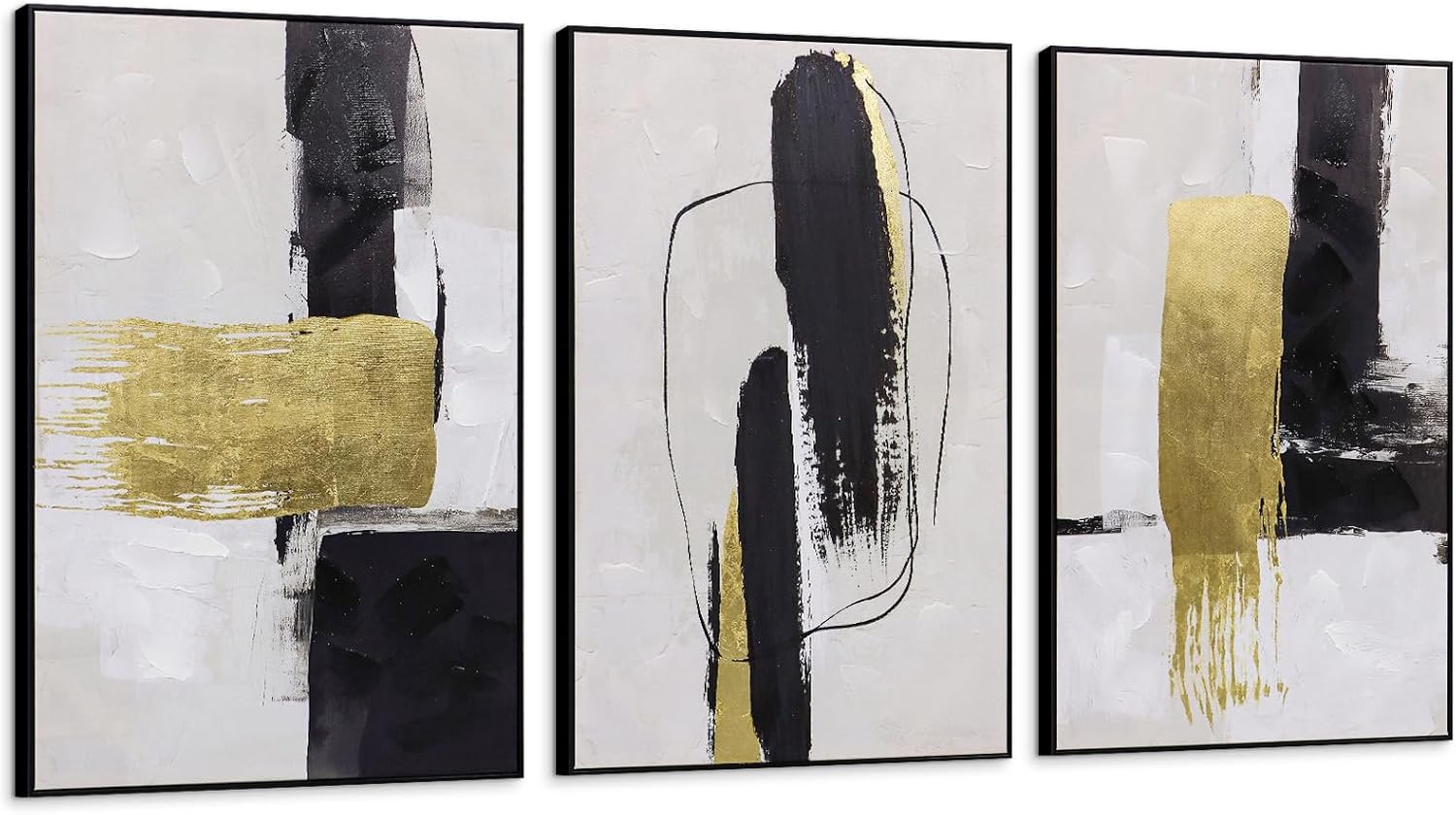 Abstract Neutral Textured Framed Canvas Wall Art Set of 3, Minimalist Wall Decor Modern Art Prints, Black Gold Wall Painting Artwork for Living Room,Bedroom,Dining Room,Office, 16"x24"
