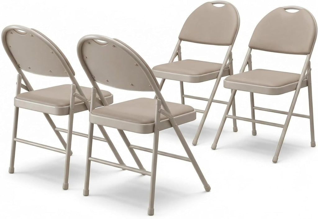 GarveeHome 4 Pack Folding Chairs with PU Leather Padded Cushion and Back, Metal Foldable Chair for Indoor Outdoor, Commercial Stackable Guest Chairs for Camping, Dining Room, Office, Party, Beige