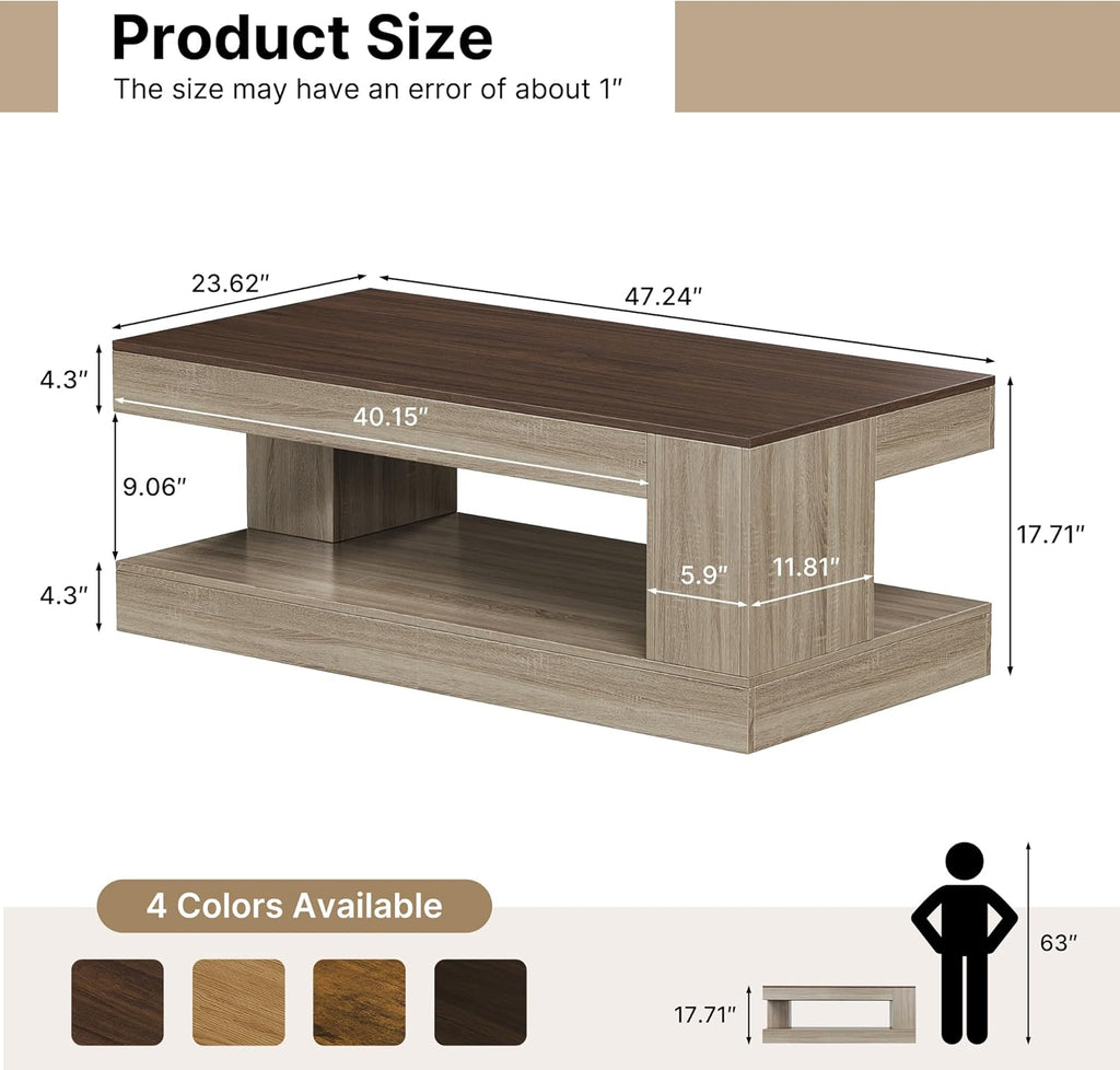 Farmhouse Coffee Table for Living Room, 47 Inch Coffee Tables with Storage & LED Light, Thickened Wood Rectangular Living Room Table, Two-Tone, Walnut &Light Ash White