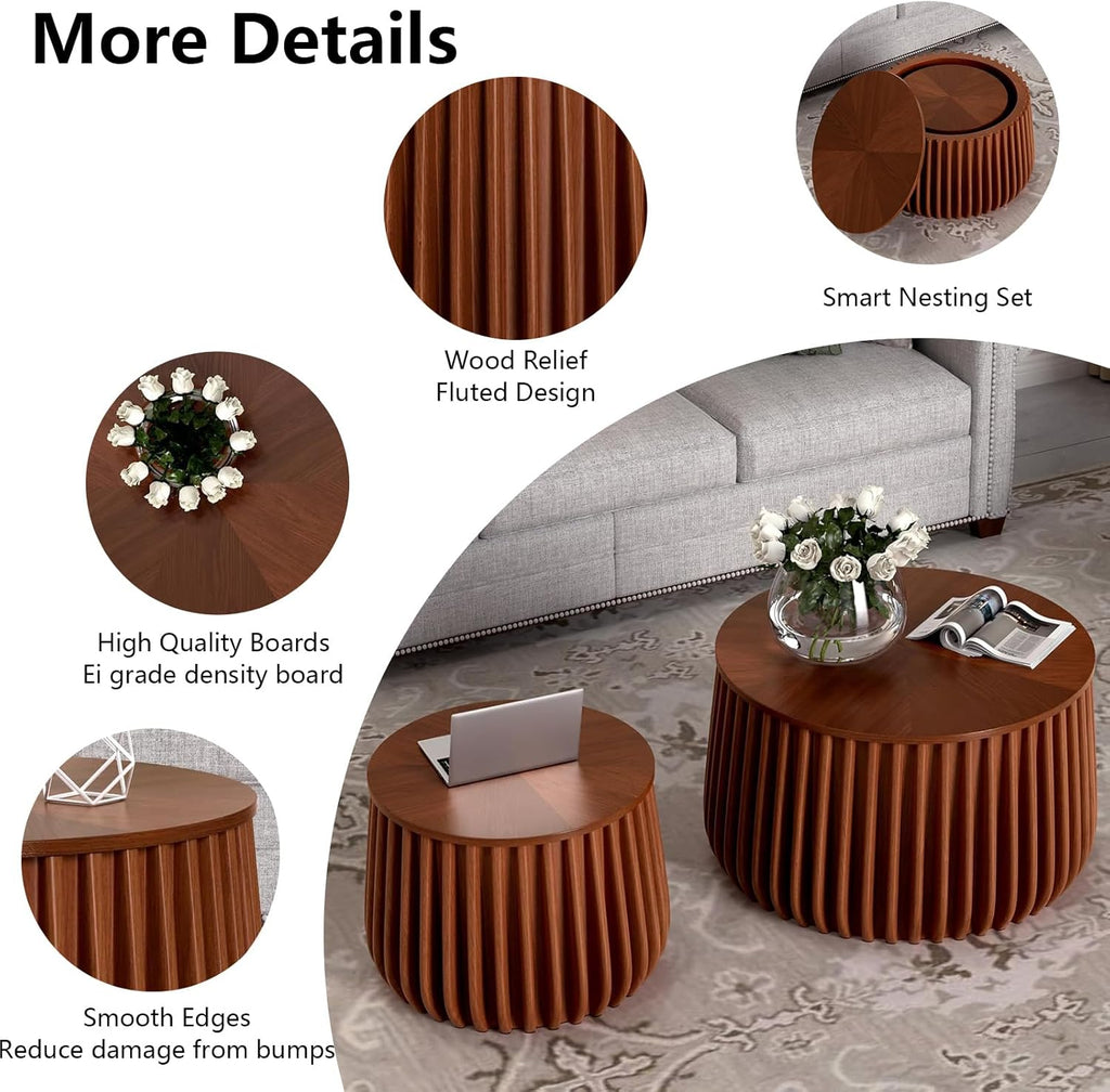 Round Nesting Coffee Tables Set of 2 with Storage Modern Wooden Fluted Nesting End Table Set Stacking Sofa Side Tables for Living Room Apartment, No Need Assembly (BrownD)